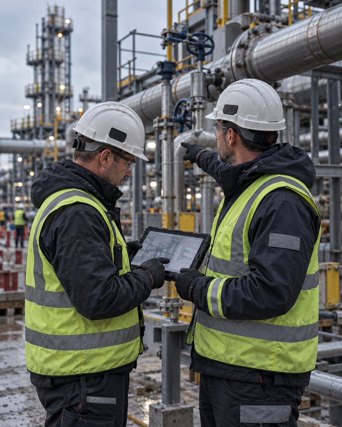 Construction Manager and supervisor reviewing an isometric drawing on a tablet at the installation